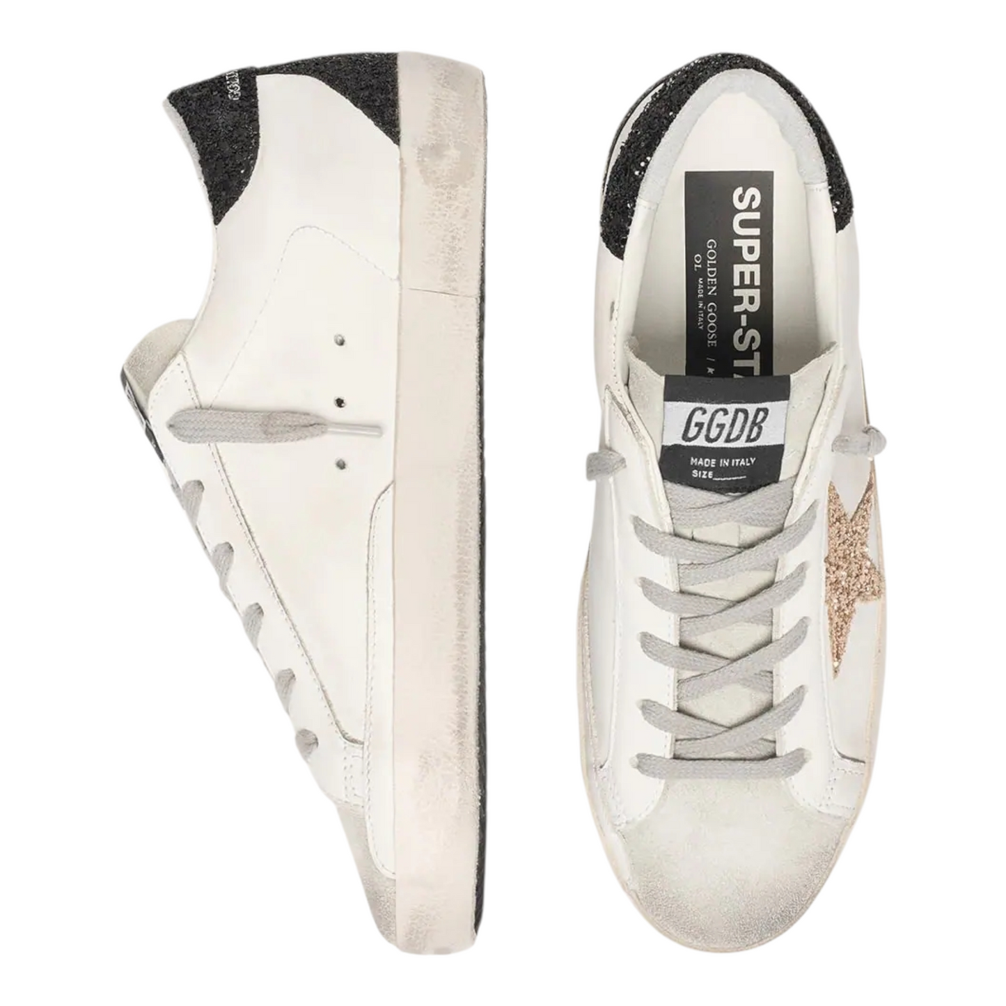 Women's Super-Star in nappa leather with gold glitter star and black glitter heel tab