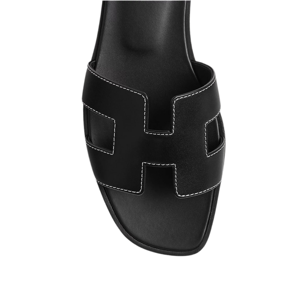 Hermes Oran Sandal Black Calfskin - White Top Stitch Flat Shoes