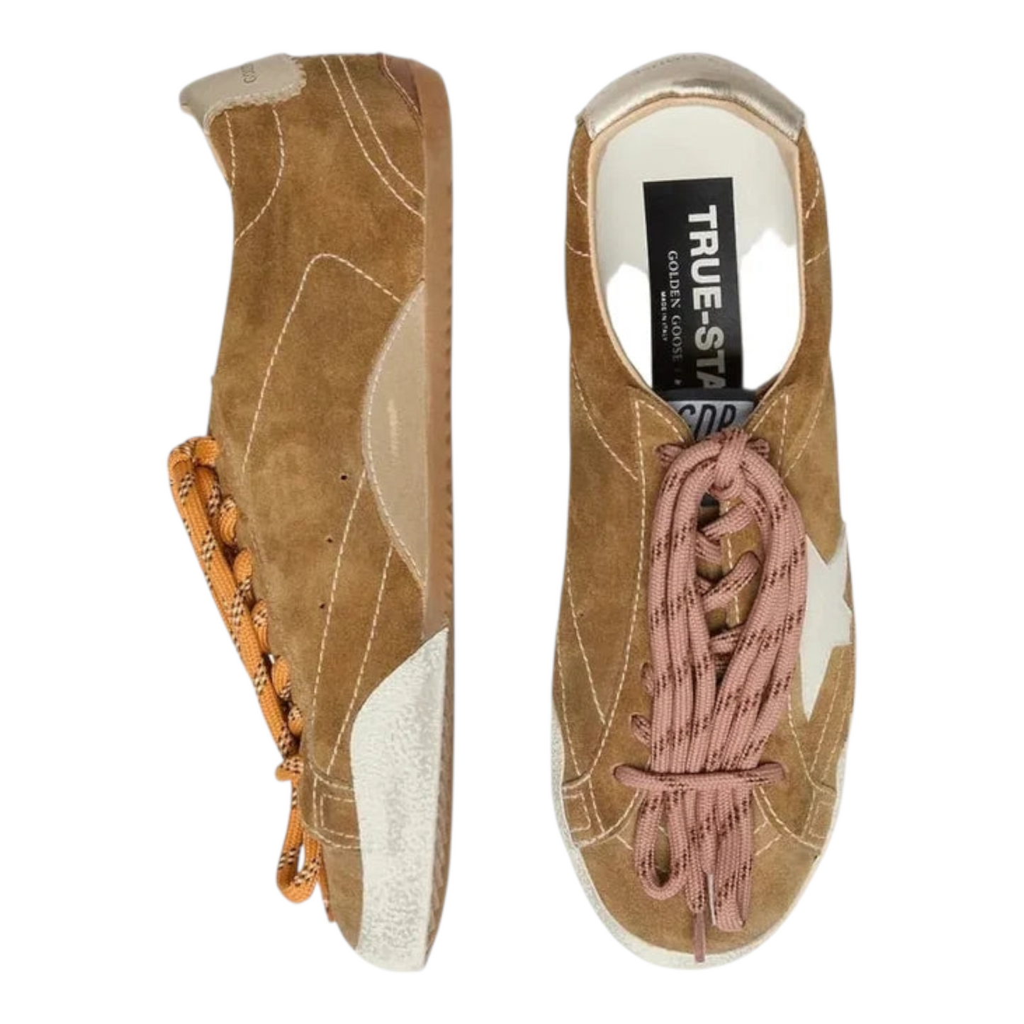 Golden Goose True-Star in tobacco-colored suede with white star and platinum heel tab(Women's)