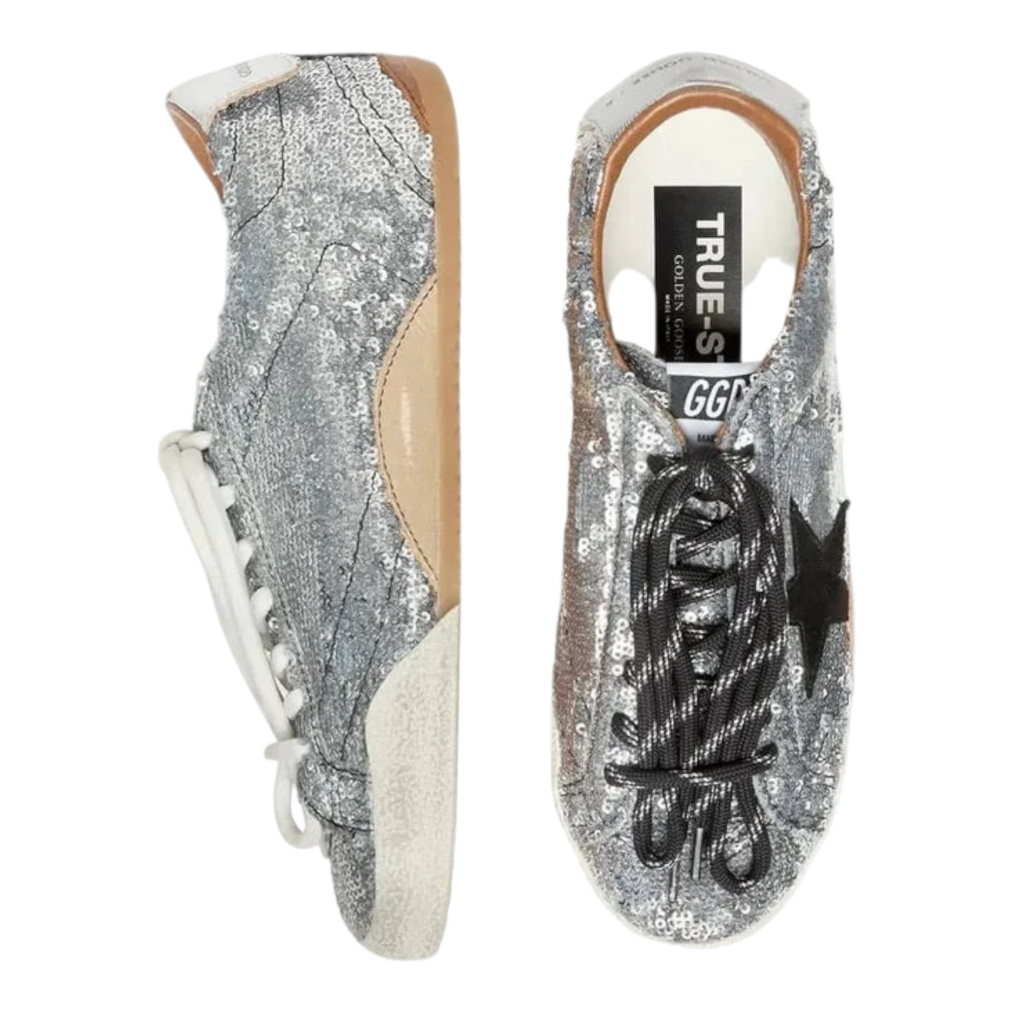 Golden Goose True-Star in silver sequins with black star and silver leather heel tab(Women's)