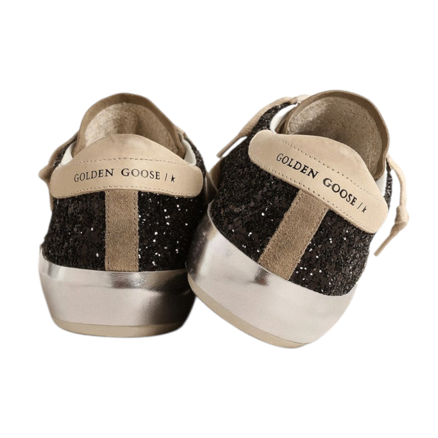 Golden Goose in black glitter with cream star and suede inserts (Women's)