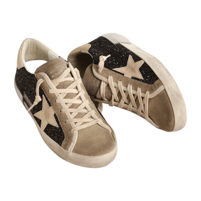 Golden Goose in black glitter with cream star and suede inserts (Women's)