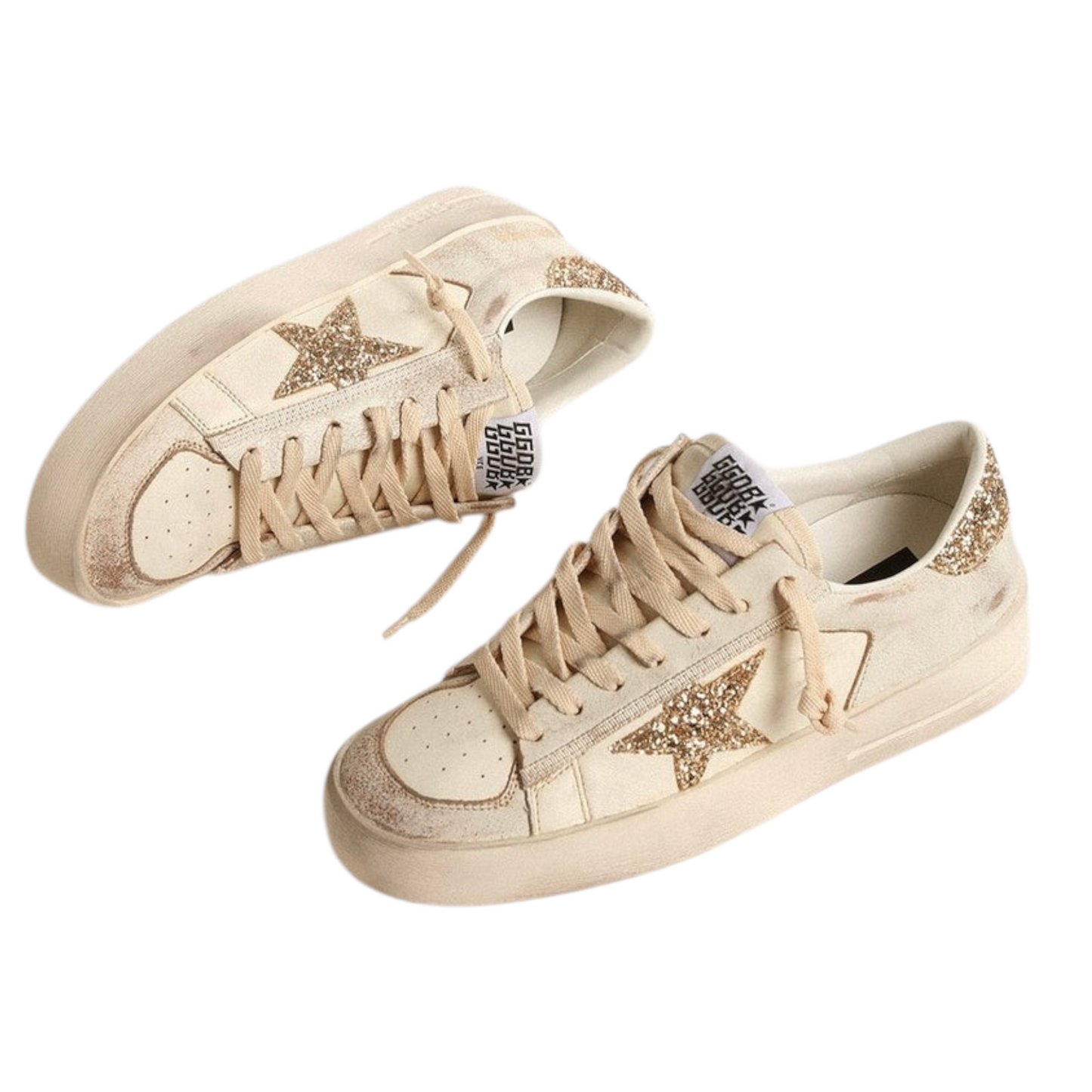 Golden Goose Stardan in ecru nappa leather with gold glitter star and heel tab(Women's)
