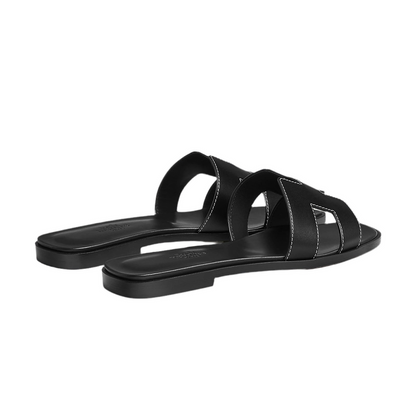 Hermes Oran Sandal Black Calfskin - White Top Stitch Flat Shoes