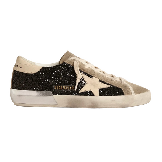 Golden Goose in black glitter with cream star and suede inserts (Women's)