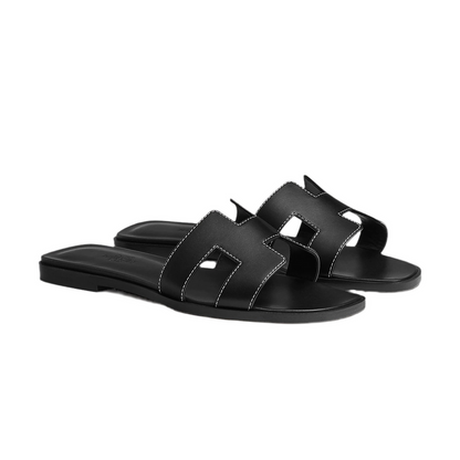 Hermes Oran Sandal Black Calfskin - White Top Stitch Flat Shoes